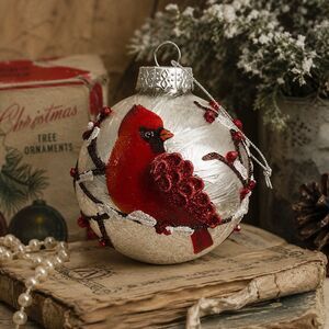 Vintage Hand Painted Frosted Glass Cardinal Christmas Ornament Glitter Berry 4”